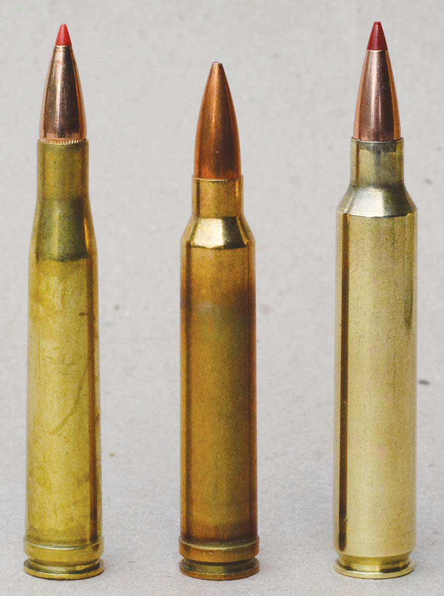 Cartridges shown for comparison: 300 H&H Magnum (left), 300 Winchester Magnum (center) and 300 Remington Ultra Magnum (right) cartridges. Note the longer 3.600-inch lengths of the 300 H&H and 300 RUM, while the 300 Winchester Magnum is designed for shorter action lengths of 3.340 inches.